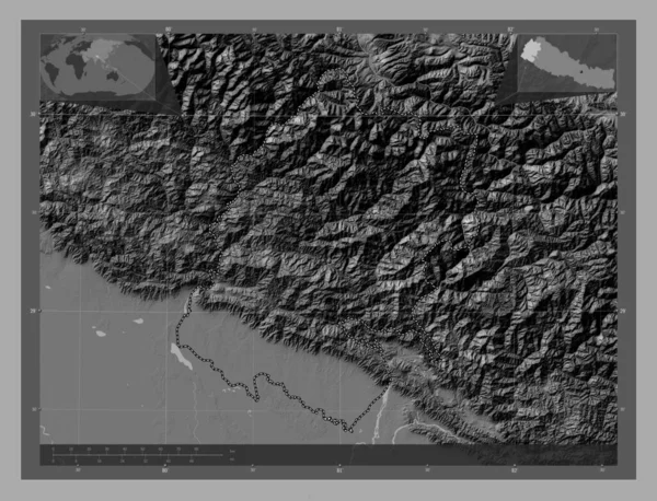 尼泊尔的远西发展区 带湖泊和河流的比尔维尔高程图 角辅助位置图 — 图库照片
