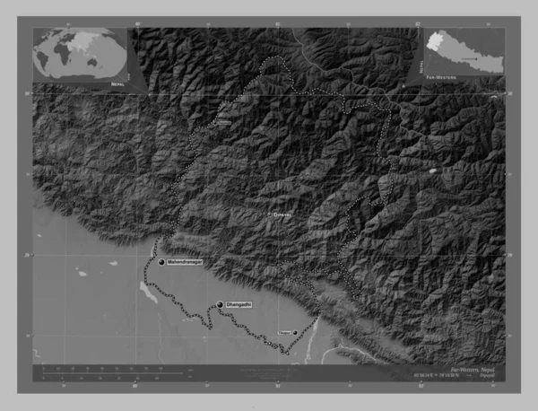 尼泊尔的远西发展区 带有湖泊和河流的灰度高程图 该区域主要城市的地点和名称 角辅助位置图 — 图库照片