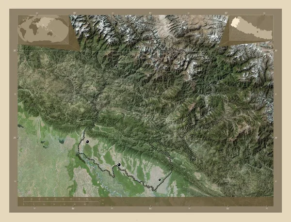 尼泊尔的远西发展区 高分辨率卫星地图 该区域主要城市的所在地点 角辅助位置图 — 图库照片