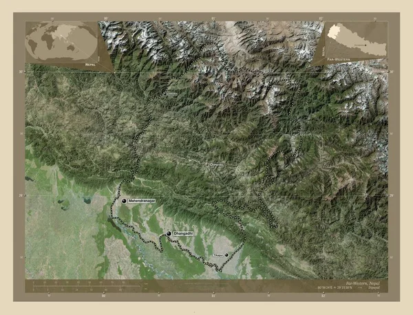 尼泊尔的远西发展区 高分辨率卫星地图 该区域主要城市的地点和名称 角辅助位置图 — 图库照片