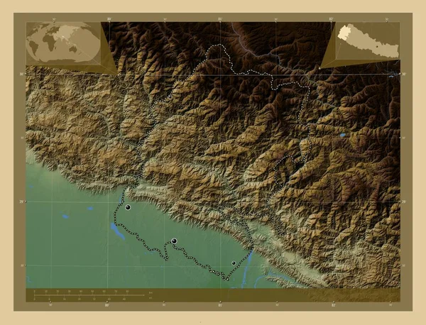 Daleko Zachodni Region Rozwoju Nepalu Kolorowa Mapa Wzniesień Jeziorami Rzekami — Zdjęcie stockowe