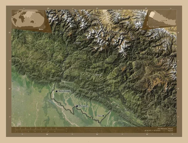 尼泊尔的远西发展区 低分辨率卫星地图 该区域主要城市的地点和名称 角辅助位置图 — 图库照片