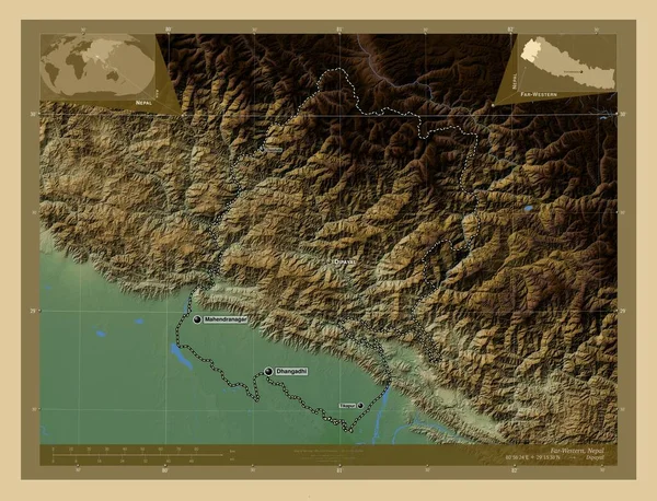 尼泊尔的远西发展区 有湖泊和河流的彩色高程图 该区域主要城市的地点和名称 角辅助位置图 — 图库照片