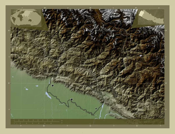 ネパールの開発地域 湖や川とWikiスタイルで着色された標高マップ 地域の主要都市の場所 コーナー補助位置図 — ストック写真