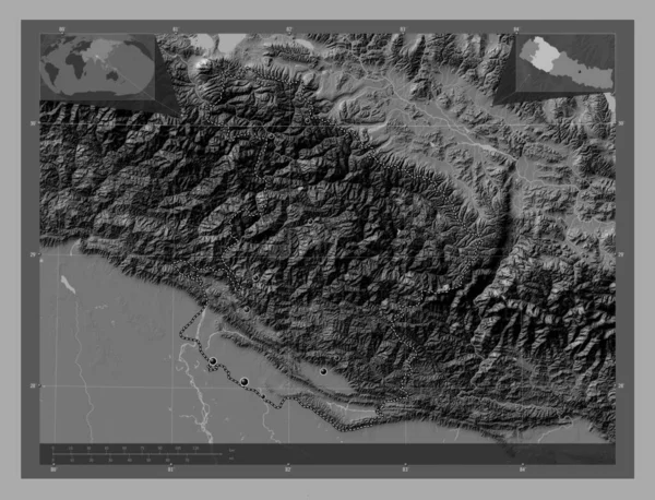 中西部 尼泊尔的发展地区 带湖泊和河流的比尔维尔高程图 该区域主要城市的所在地点 角辅助位置图 — 图库照片