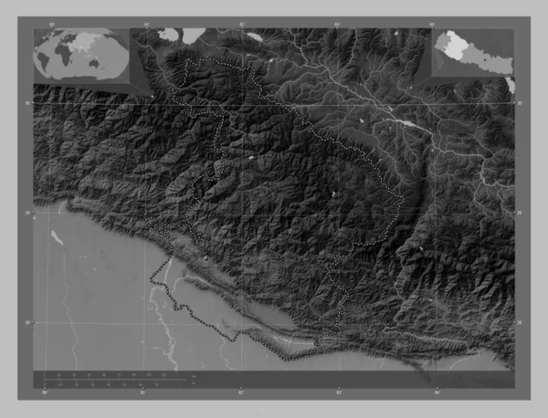 Mellanvästra Nepals Utvecklingsregion Grayscale Höjdkarta Med Sjöar Och Floder Hjälpkartor — Stockfoto