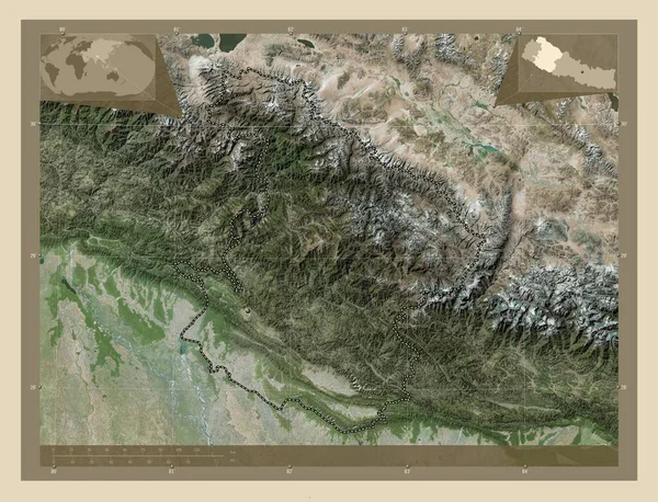 中西部 尼泊尔的发展地区 高分辨率卫星地图 角辅助位置图 — 图库照片