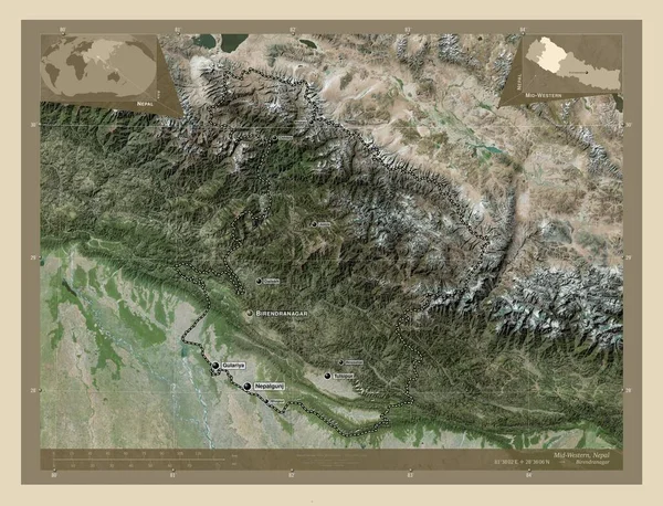 Mellanvästra Nepals Utvecklingsregion Högupplöst Satellitkarta Platser Och Namn Större Städer — Stockfoto
