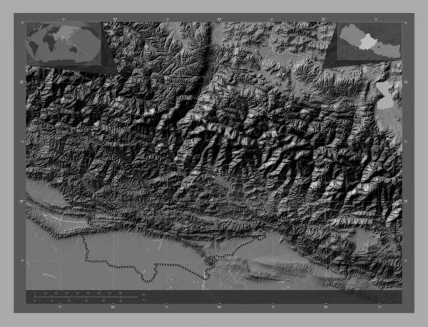 Zachód Region Rozwoju Nepalu Dwupoziomowa Mapa Jeziorami Rzekami Pomocnicze Mapy — Zdjęcie stockowe