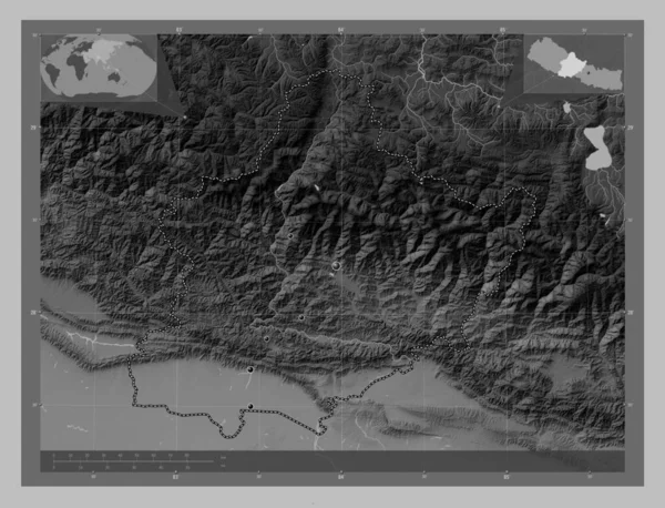 West Development Region Nepal Grayscale Elevation Map Lakes Rivers Locations — Stock Photo, Image