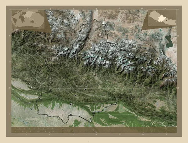 尼泊尔的发展地区 高分辨率卫星地图 该区域主要城市的所在地点 角辅助位置图 — 图库照片