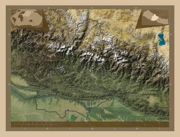 尼泊尔的发展地区 低分辨率卫星地图 该区域主要城市的所在地点 角辅助位置图 — 图库照片