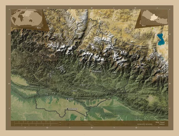 Oeste Región Desarrollo Nepal Mapa Satelital Baja Resolución Ubicaciones Nombres —  Fotos de Stock