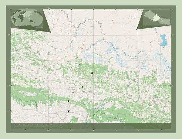 Zachód Region Rozwoju Nepalu Otwórz Mapę Ulic Lokalizacje Dużych Miast — Zdjęcie stockowe