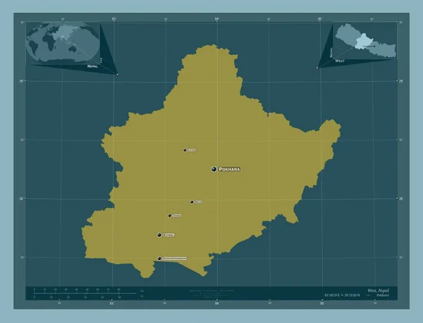 尼泊尔的发展地区 固体的颜色形状 该区域主要城市的地点和名称 角辅助位置图 — 图库照片