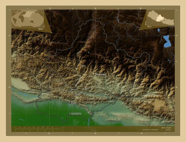 尼泊尔的发展地区 有湖泊和河流的彩色高程图 该区域主要城市的地点和名称 角辅助位置图 — 图库照片