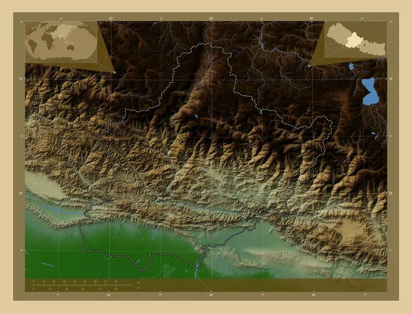 尼泊尔的发展地区 有湖泊和河流的彩色高程图 角辅助位置图 — 图库照片