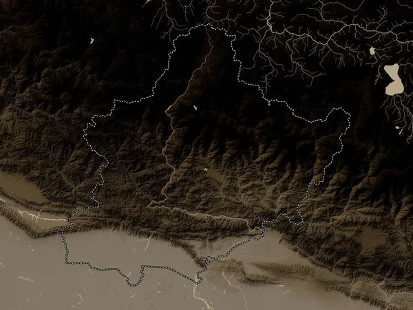 Batı, Nepal 'in gelişim bölgesi. Yükseklik haritası sepya tonlarında göller ve nehirlerle renklendirilmiş