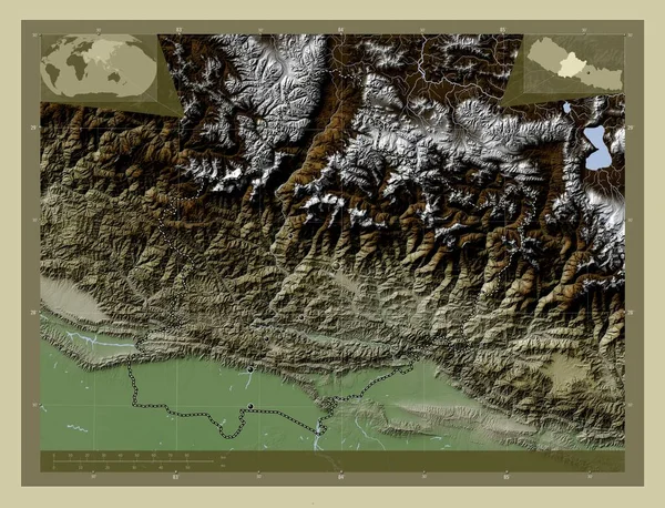 尼泊尔的发展地区 用Wiki风格绘制的带有湖泊和河流的高程地图 该区域主要城市的所在地点 角辅助位置图 — 图库照片