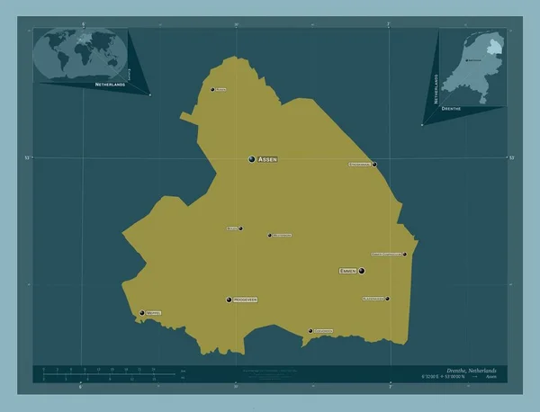 荷兰Drenthe省 固体的颜色形状 该区域主要城市的地点和名称 角辅助位置图 — 图库照片