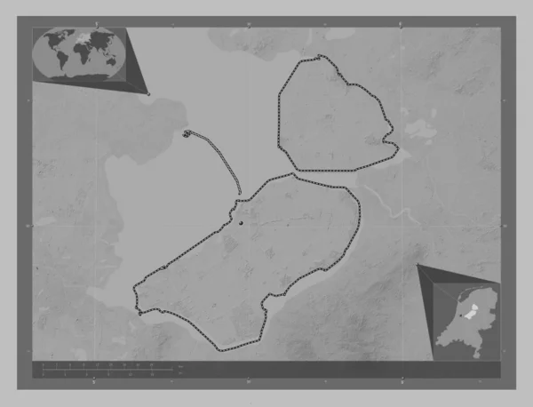 Flevoland Hollandia Tartomány Szürkeárnyas Térkép Tavakkal Folyókkal Saroktérképek Kiegészítő Helymeghatározási — Stock Fotó