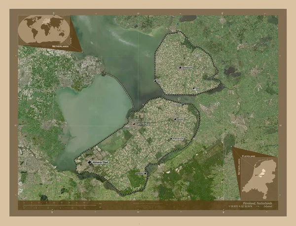 Flevoland Provinsen Nederländerna Lågupplöst Satellitkarta Platser Och Namn Större Städer — Stockfoto