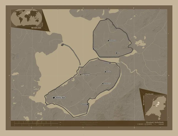 Флеволанд Провинция Нидерландов Карта Высоты Окрашенная Сепиевые Тона Озерами Реками — стоковое фото