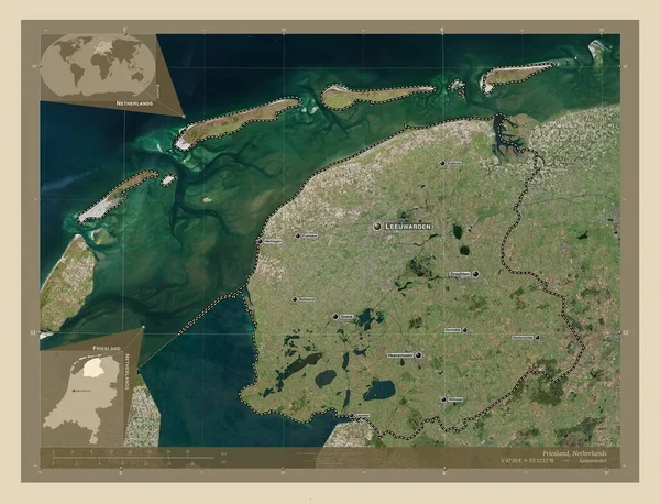 オランダのフリースラント州 高解像度衛星地図 地域の主要都市の位置と名前 コーナー補助位置図 — ストック写真