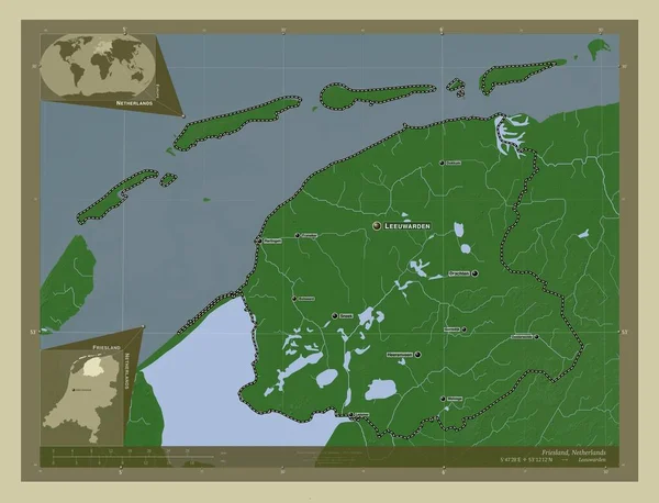 荷兰弗里斯兰省 用Wiki风格绘制的带有湖泊和河流的高程地图 该区域主要城市的地点和名称 角辅助位置图 — 图库照片