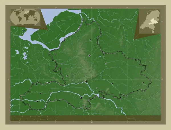 荷兰Gelderland省 用Wiki风格绘制的带有湖泊和河流的高程地图 该区域主要城市的所在地点 角辅助位置图 — 图库照片