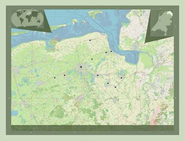 オランダのグロニンゲン州 ストリートマップを開く 地域の主要都市の場所 コーナー補助位置図 — ストック写真