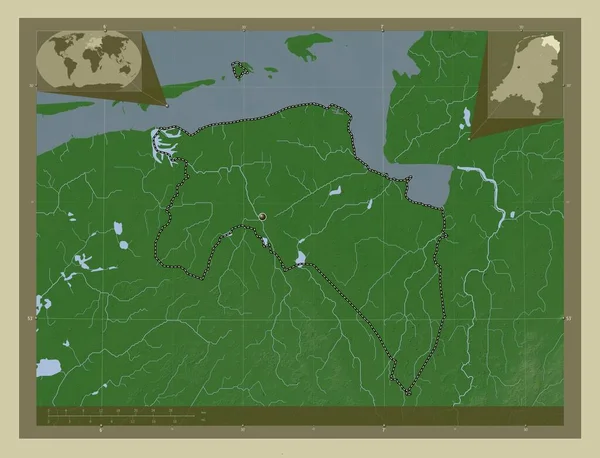 格罗宁根省 用Wiki风格绘制的带有湖泊和河流的高程地图 角辅助位置图 — 图库照片