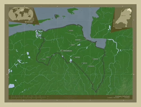 格罗宁根省 用Wiki风格绘制的带有湖泊和河流的高程地图 该区域主要城市的地点和名称 角辅助位置图 — 图库照片