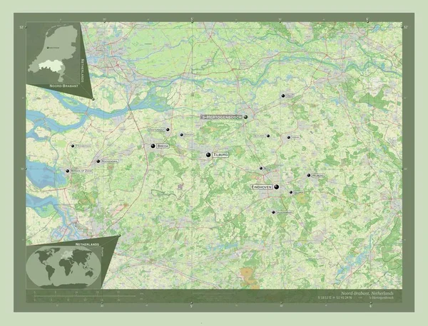 オランダ ブラバント州出身 ストリートマップを開く 地域の主要都市の位置と名前 コーナー補助位置図 — ストック写真