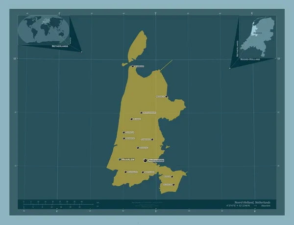 オランダのノールホラント州 しっかりした色の形 地域の主要都市の位置と名前 コーナー補助位置図 — ストック写真