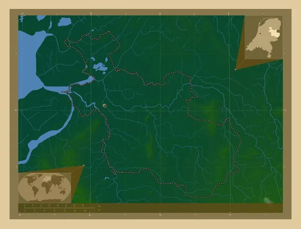 Оверэйссел Провинция Нидерландов Цветная Карта Высоты Озерами Реками Вспомогательные Карты — стоковое фото