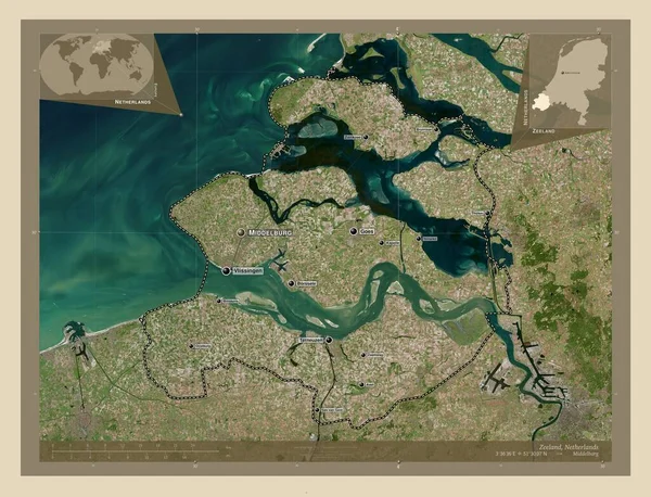 オランダのゼーラント州 高解像度衛星地図 地域の主要都市の位置と名前 コーナー補助位置図 — ストック写真
