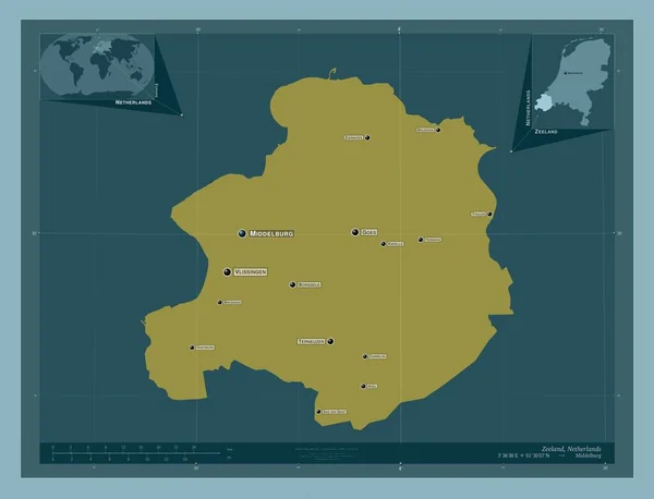 オランダのゼーラント州 しっかりした色の形 地域の主要都市の位置と名前 コーナー補助位置図 — ストック写真