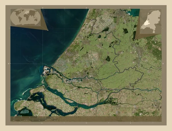 Zuid Holland Provincie Nederland Satellietkaart Met Hoge Resolutie Hulplocatiekaarten Hoek — Stockfoto