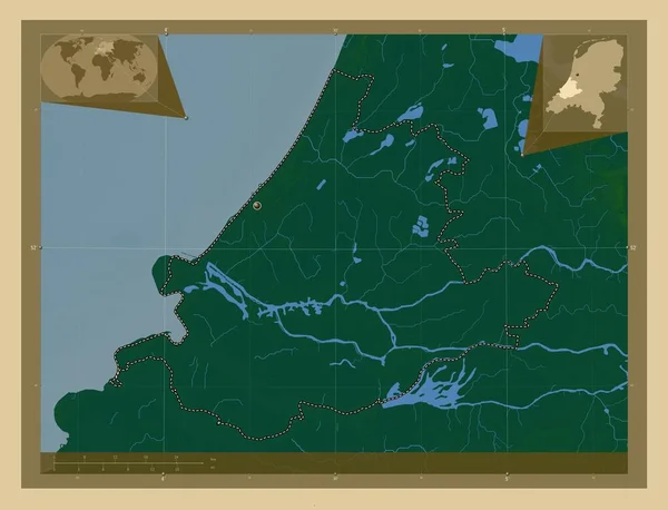 Zuid Holland Province Netherlands 有湖泊和河流的彩色高程图 角辅助位置图 — 图库照片