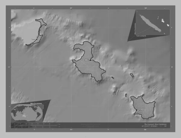 Iles Loyaute Province New Caledonia Grayscale Elevation Map Lakes Rivers — Stock Photo, Image