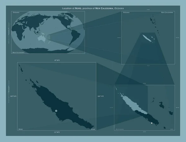 stock image Nord, province of New Caledonia. Diagram showing the location of the region on larger-scale maps. Composition of vector frames and PNG shapes on a solid background