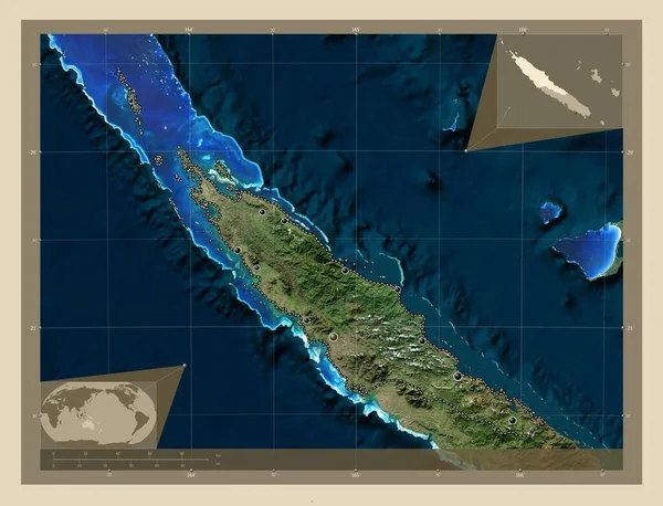 新喀里多尼亚省 高分辨率卫星地图 该区域主要城市的所在地点 角辅助位置图 — 图库照片
