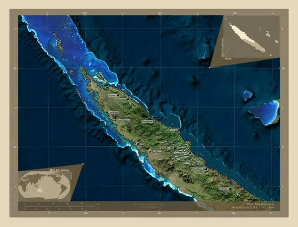 新喀里多尼亚省 高分辨率卫星地图 该区域主要城市的地点和名称 角辅助位置图 — 图库照片