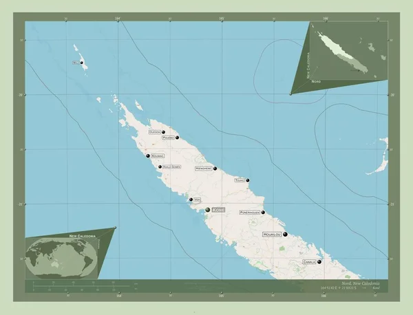 新喀里多尼亚省 开放街道地图 该区域主要城市的地点和名称 角辅助位置图 — 图库照片