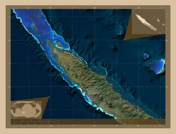新喀里多尼亚省 低分辨率卫星地图 该区域主要城市的所在地点 角辅助位置图 — 图库照片