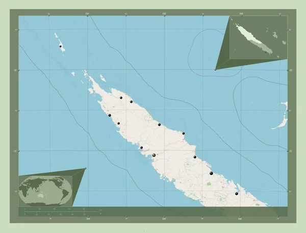 新喀里多尼亚省 开放街道地图 该区域主要城市的所在地点 角辅助位置图 — 图库照片