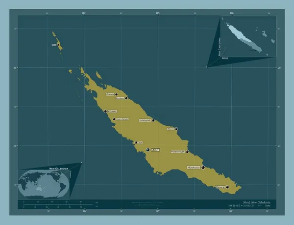 新喀里多尼亚省 固体的颜色形状 该区域主要城市的地点和名称 角辅助位置图 — 图库照片
