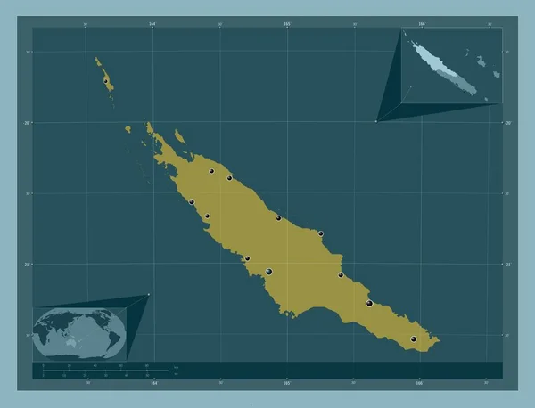 新喀里多尼亚省 固体的颜色形状 该区域主要城市的所在地点 角辅助位置图 — 图库照片