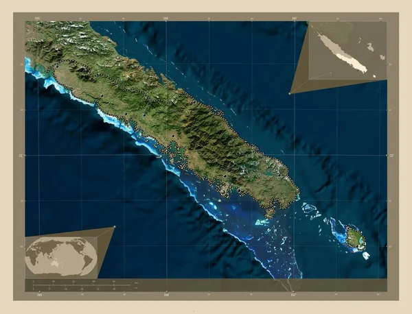 ニューカレドニアのサッド県 高解像度衛星地図 地域の主要都市の場所 コーナー補助位置図 — ストック写真